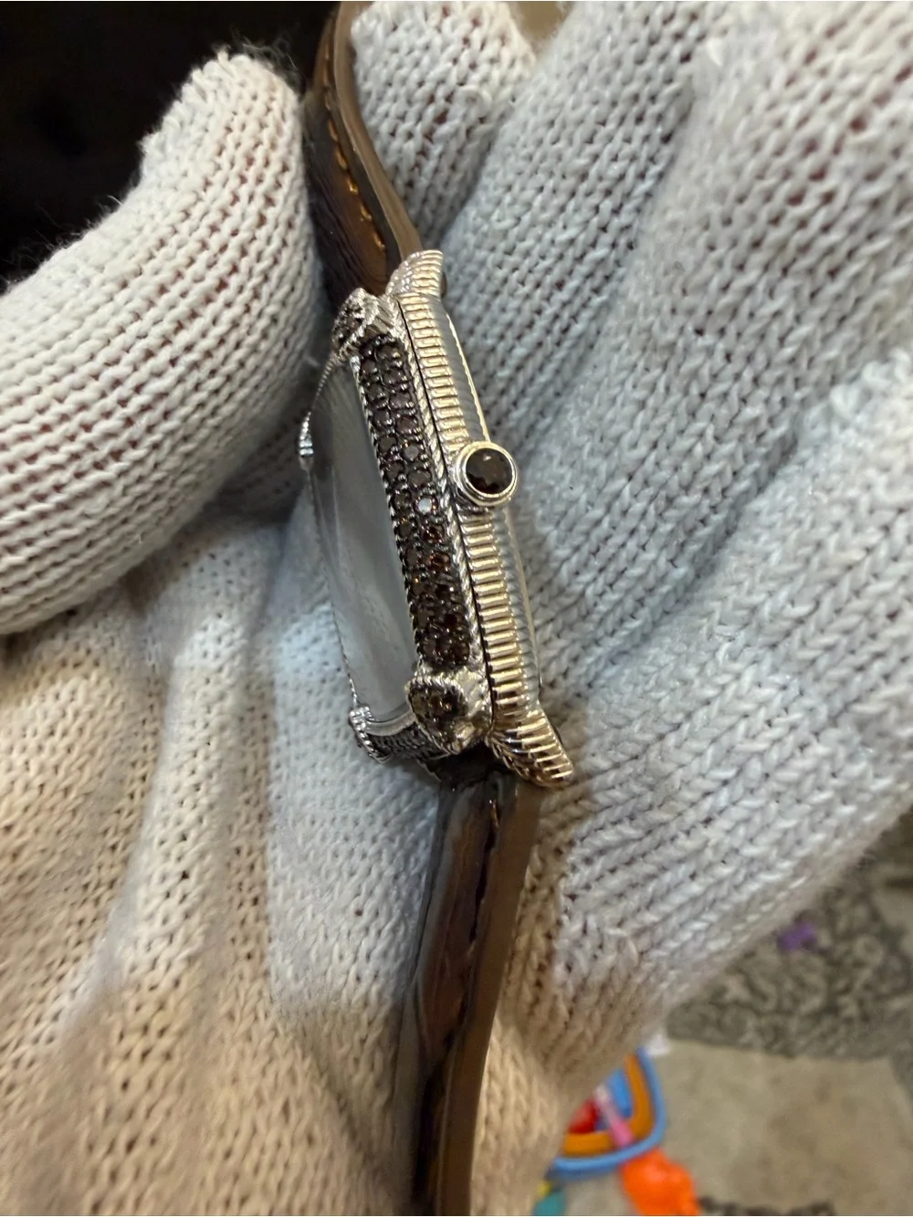 Judith Ripka Monaco Watch Brown Face Pave CZ Crystal Heart Tortoise Strap Runs